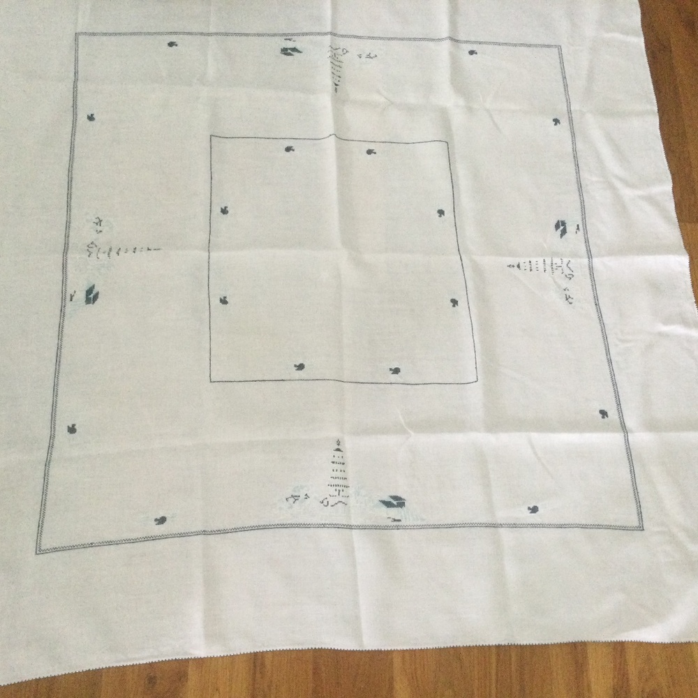 Nautical Embroidered Linen Tablecloth 49”x49” lighthouses